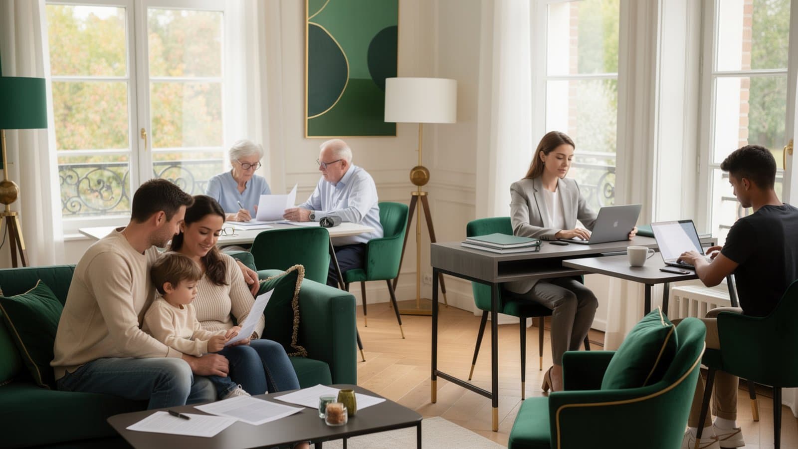 Différents profils de particuliers bénéficiant de la protection juridique : famille, salarié, senior, locataire et propriétaire