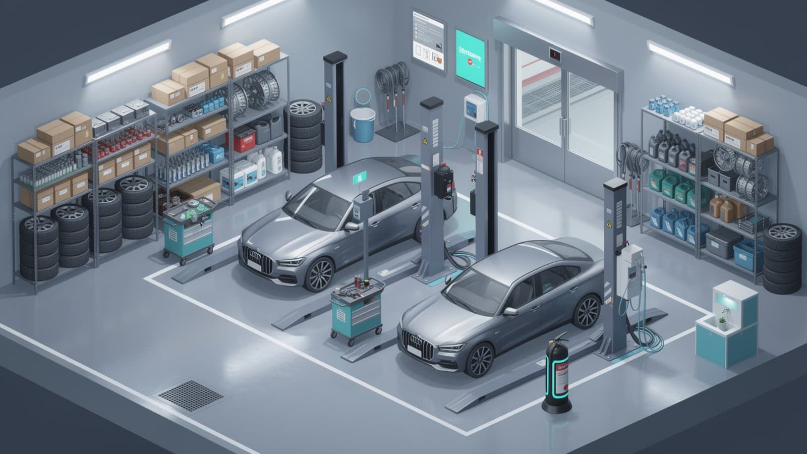 Atelier de réparation automobile professionnel avec ponts élévateurs et équipements modernes