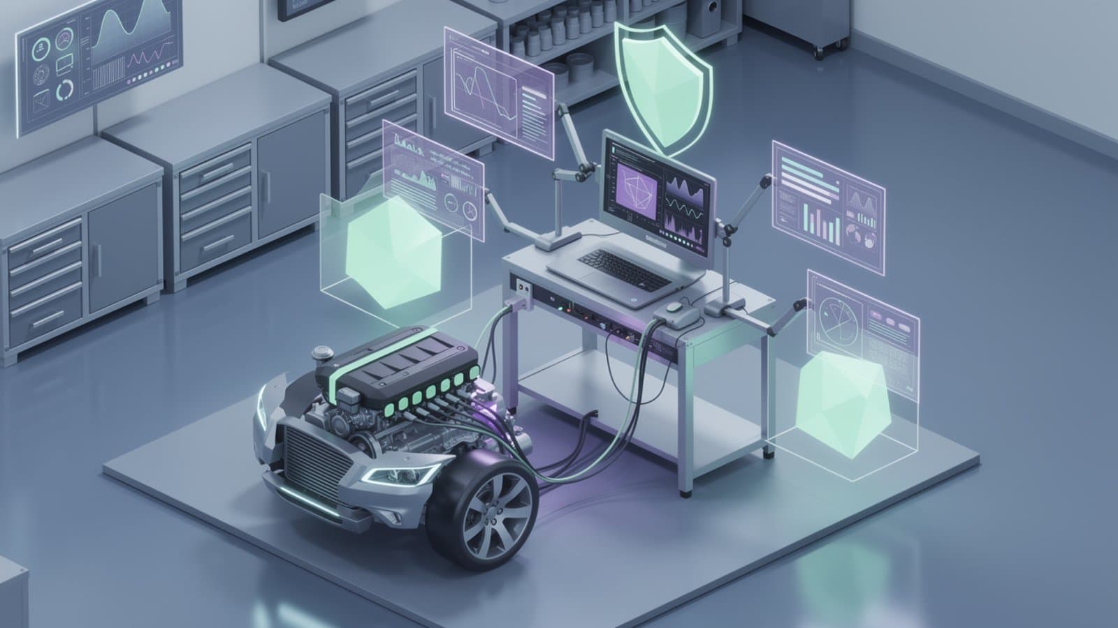 Mécanicien utilisant un équipement de diagnostic automobile moderne dans un atelier bien assuré