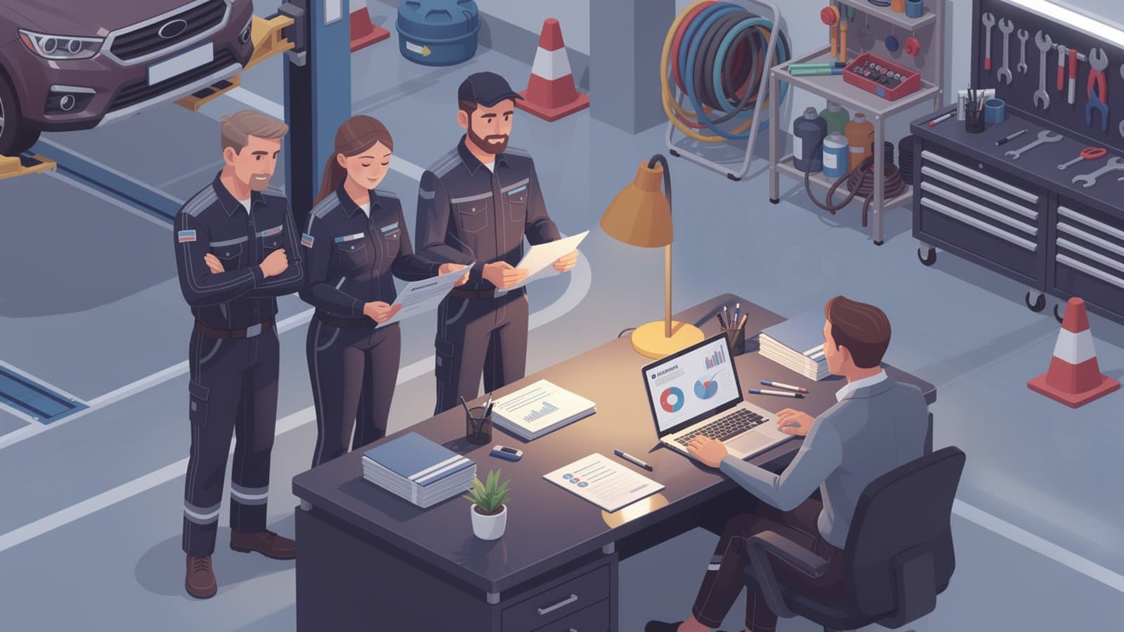 Équipe de mécaniciens professionnels dans un garage bien assuré