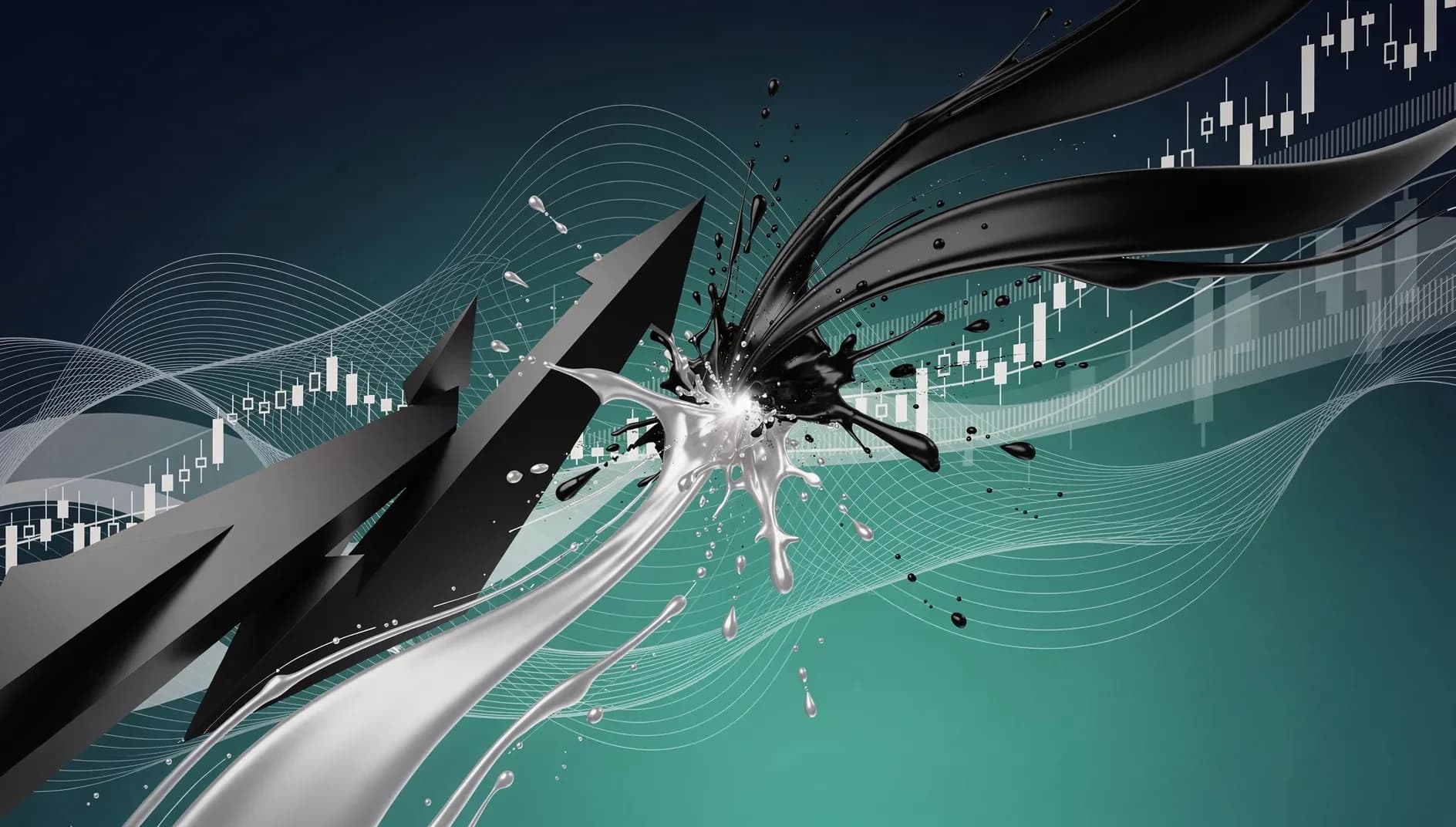 Visualisation abstraite de flux financiers en mouvement contraire, symbolisant le retournement spectaculaire des marchés entre chute et rebond