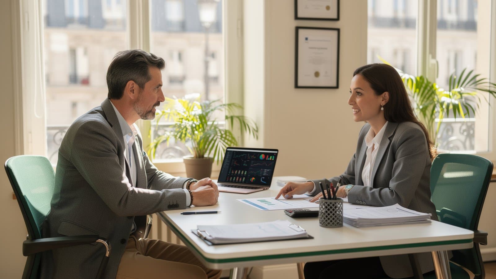 Dirigeant de PME consultant un expert-comptable pour évaluer sa couverture perte d'exploitation