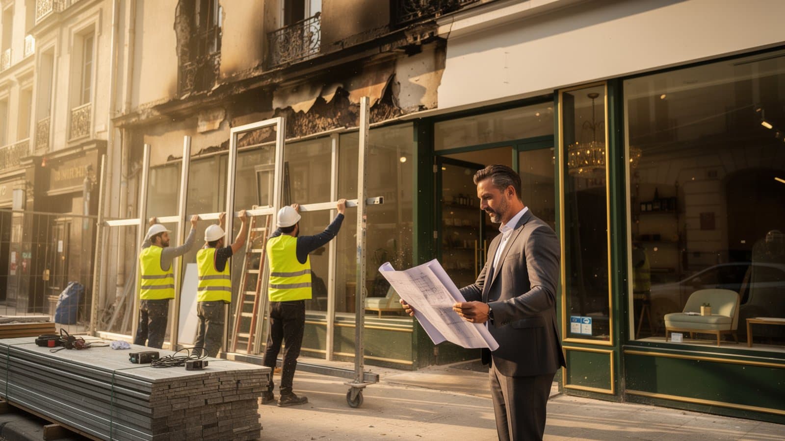 Entreprise en cours de reconstruction après un sinistre avec équipes mobilisées pour la reprise d'activité