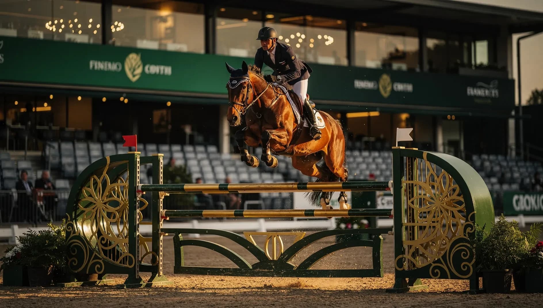 Cheval de sport en compétition de saut d'obstacles avec son cavalier dans un environnement professionnel
