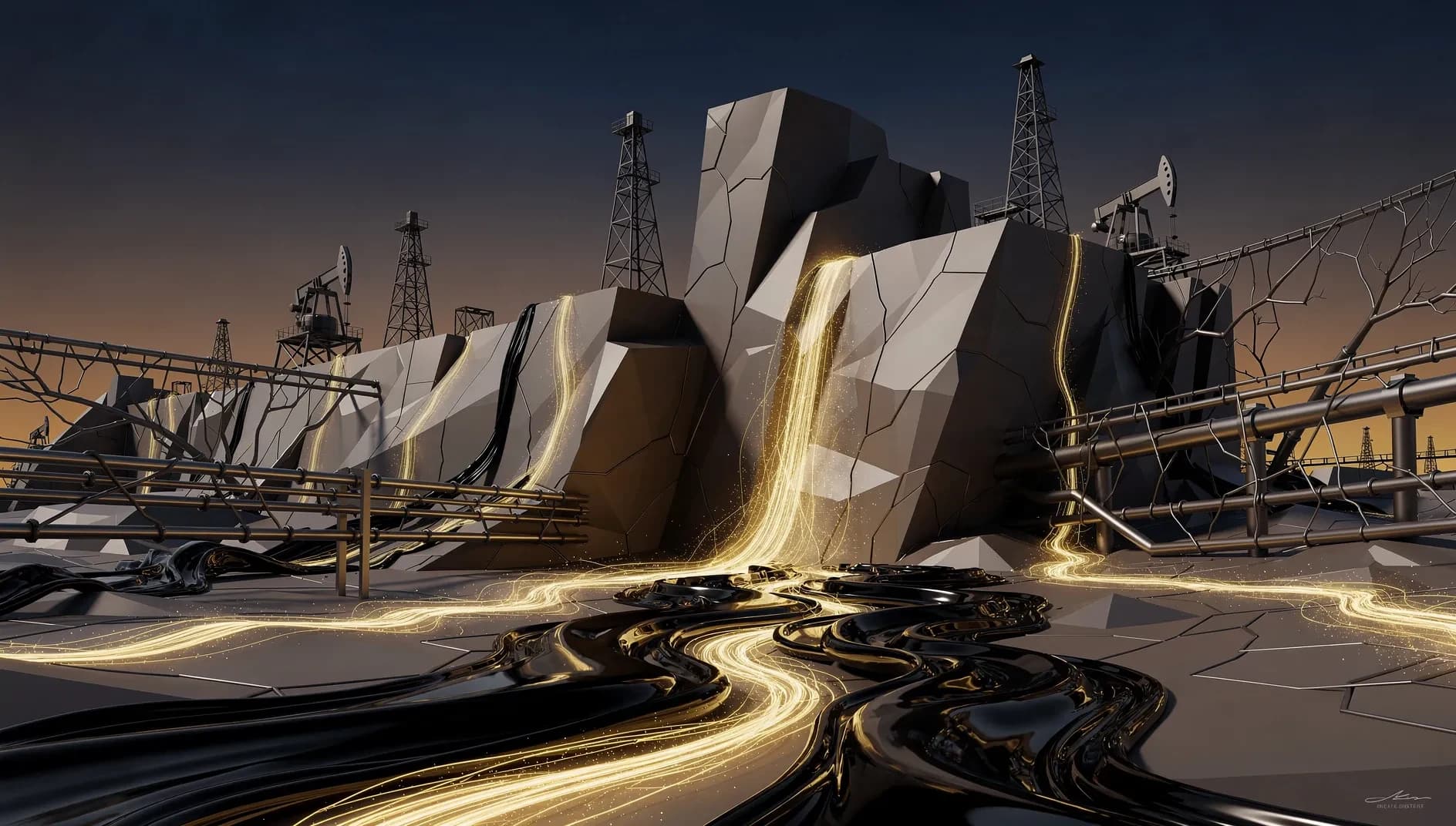 Illustration abstraite représentant la fusion de structures énergétiques industrielles, flux de pétrole et gaz naturel convergeant vers une formation géologique puissante