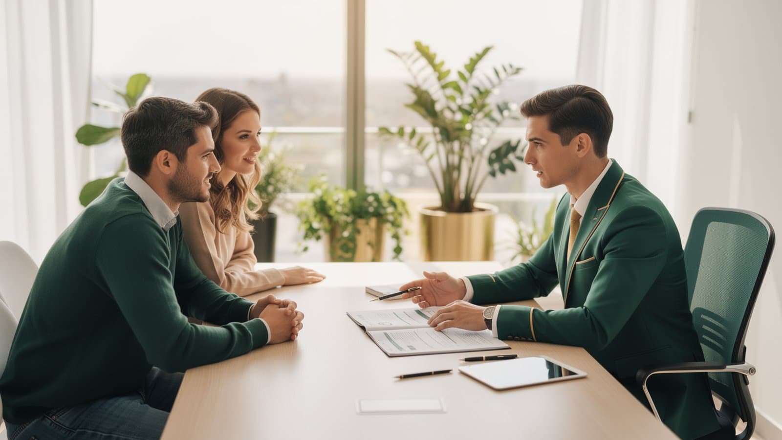 Conseiller en assurance analysant les différentes options de couverture pour un couple dans un bureau moderne