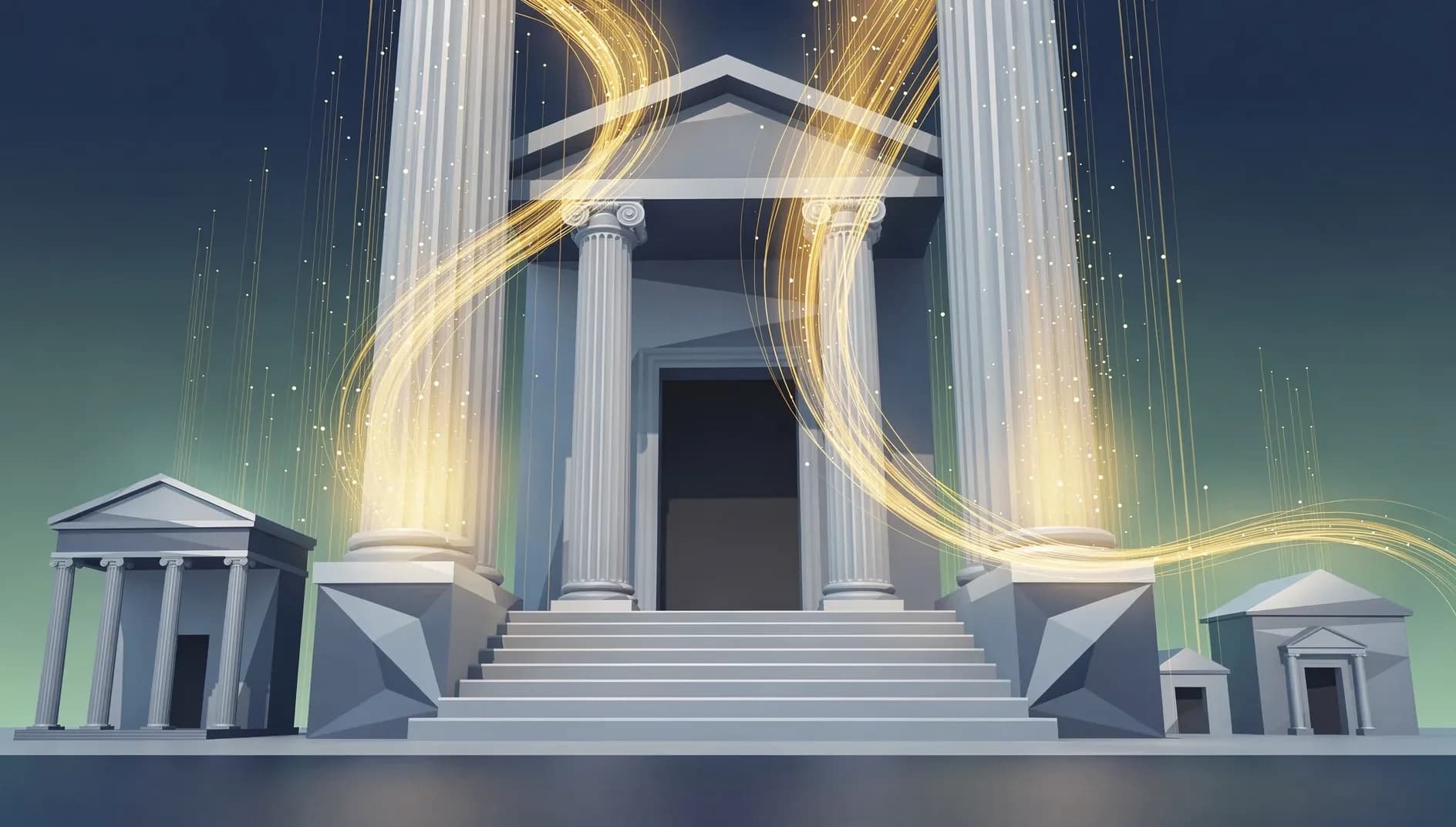Illustration abstraite représentant l'entrée en Bourse d'un fonds d'investissement majeur avec des structures architecturales montantes et des flux de capitaux