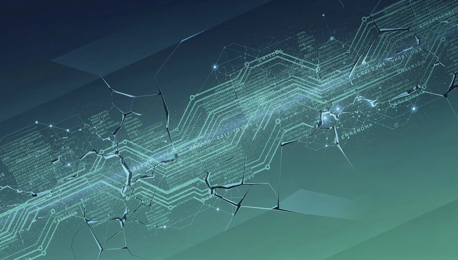 Illustration abstraite de flux de données numériques et de circuits imprimés fragmentés symbolisant les risques du code généré par intelligence artificielle