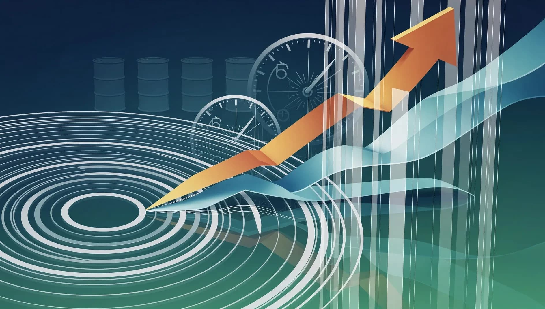 Visualisation abstraite de flux de données économiques en tension entre forces inflationnistes ascendantes et indicateurs de ralentissement