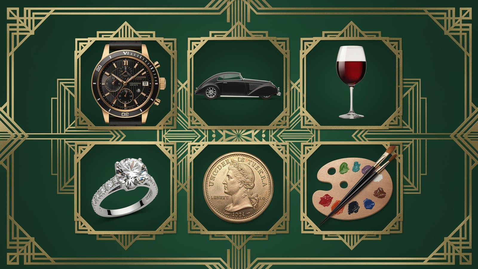 Illustration des différentes catégories de collectibles constituant une classe d'investissement patrimonial