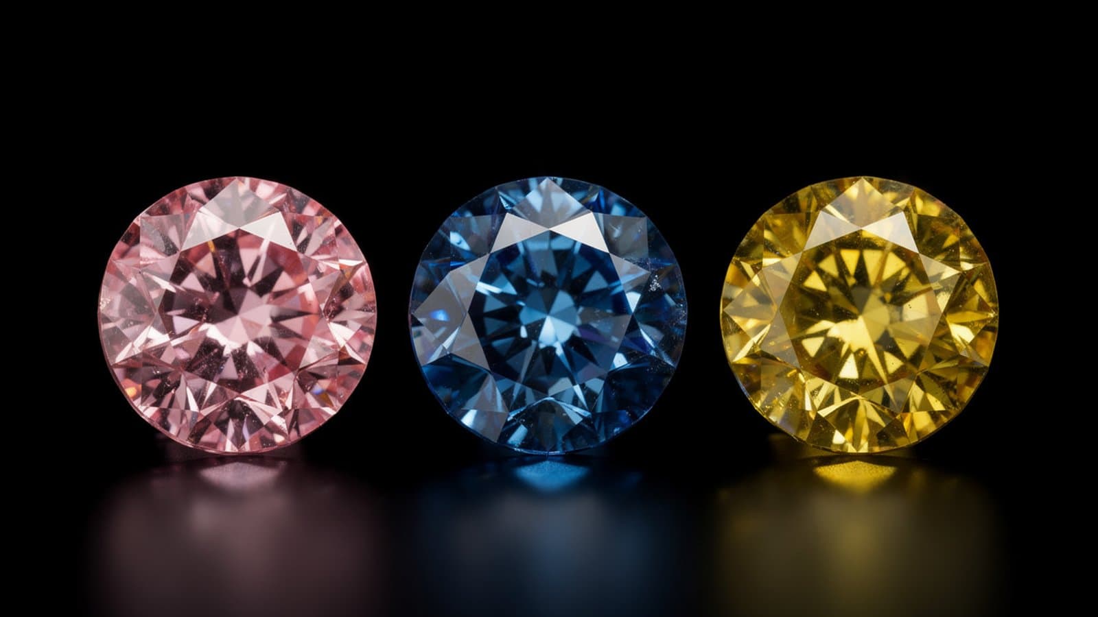 Collection de diamants fancy color : rose Argyle, bleu Fancy Vivid et jaune Fancy Intense