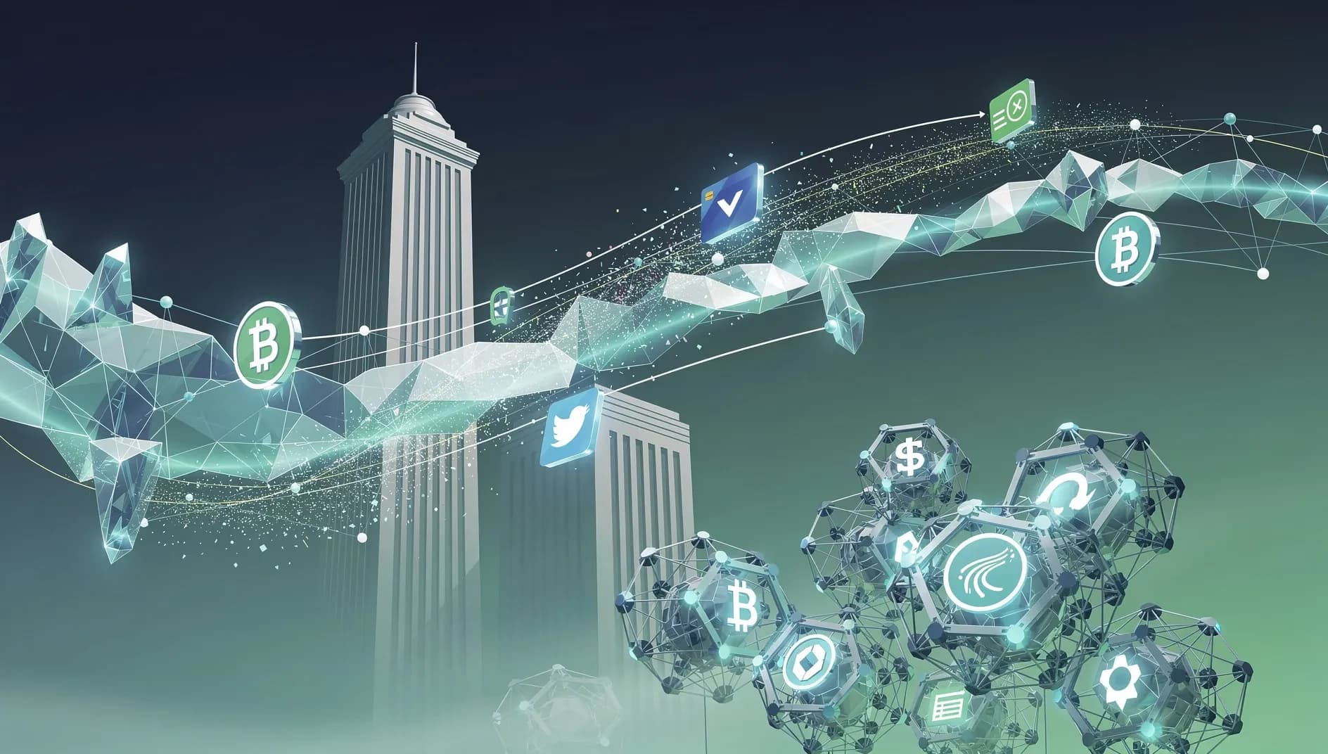 Visualisation abstraite de réseaux de paiement numériques interconnectés reliant la blockchain à l'infrastructure financière mondiale