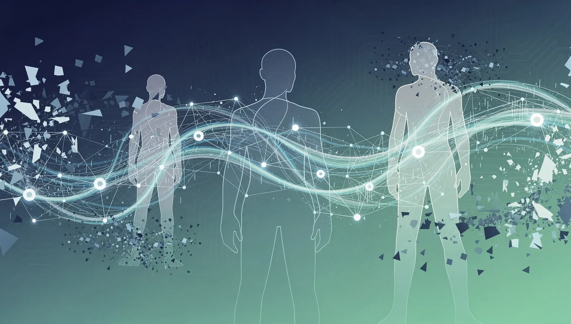 Illustration abstraite représentant la transformation du marché du travail par l'intelligence artificielle, avec des flux de données numériques et des structures organisationnelles en mutation
