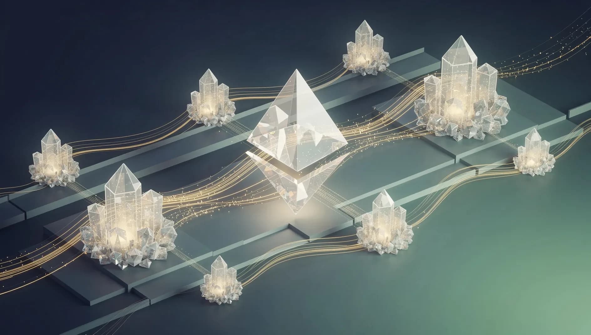 Illustration abstraite de réseaux blockchain interconnectés avec des flux de données cristallins symbolisant le staking Ethereum et l'adoption institutionnelle