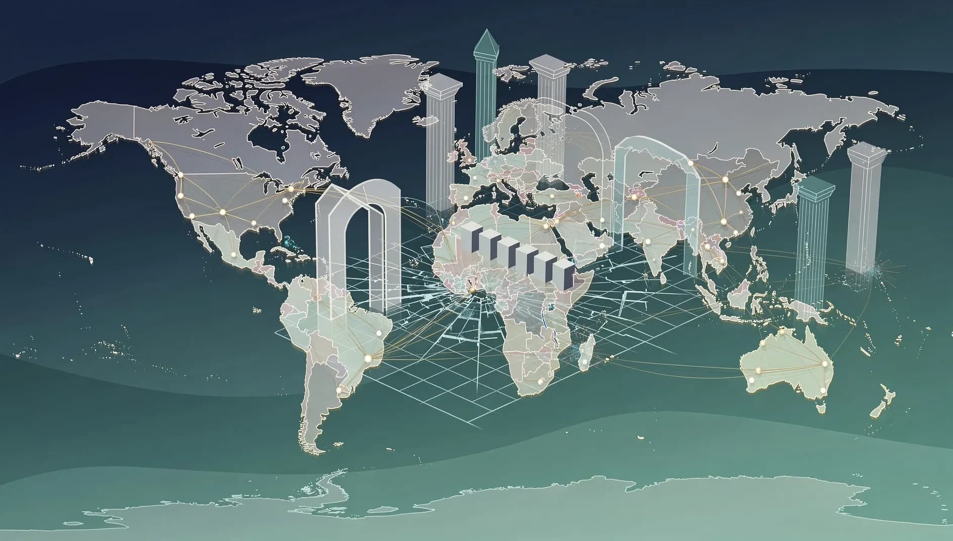 Visualisation abstraite de flux commerciaux mondiaux sous tension, réseaux géopolitiques interconnectés traversés par des barrières tarifaires