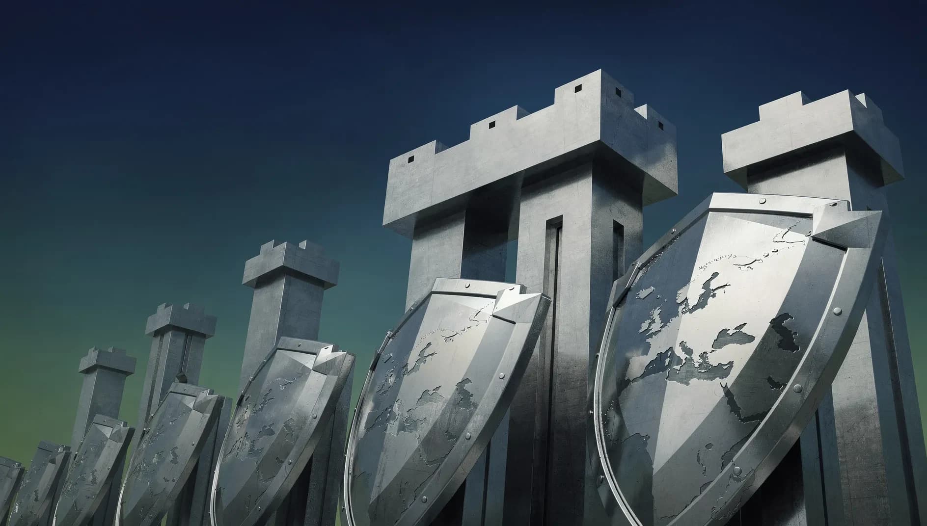 Visualisation abstraite de structures géométriques ascendantes évoquant la puissance industrielle européenne de défense, dans des tons bleu profond et vert émeraude