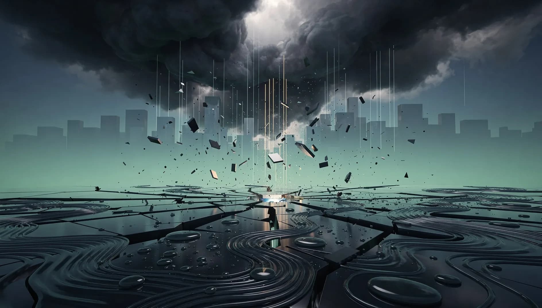 Représentation abstraite des pressions économiques convergentes, avec des flux financiers descendants et des ondes de choc énergétiques sur fond de gradient bleu profond et vert