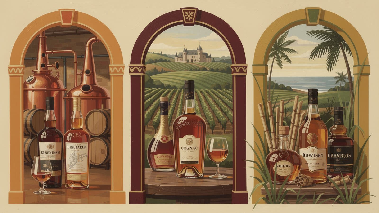 Illustration présentant les différentes catégories de spiritueux d'investissement : whisky, cognac et rhum