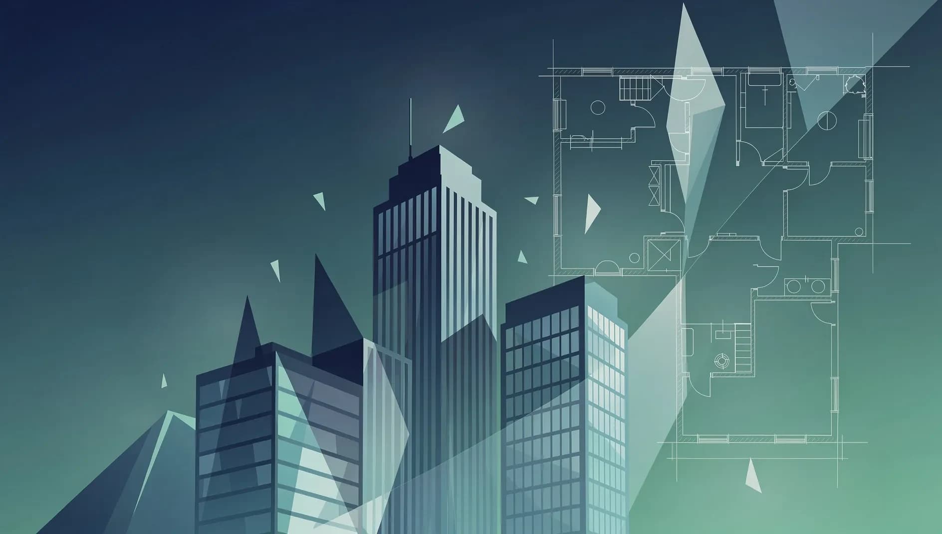 Visualisation abstraite de la transformation structurelle du marché immobilier de bureaux, avec des formes architecturales fragmentées symbolisant la vacance locative et la mutation du secteur tertiaire