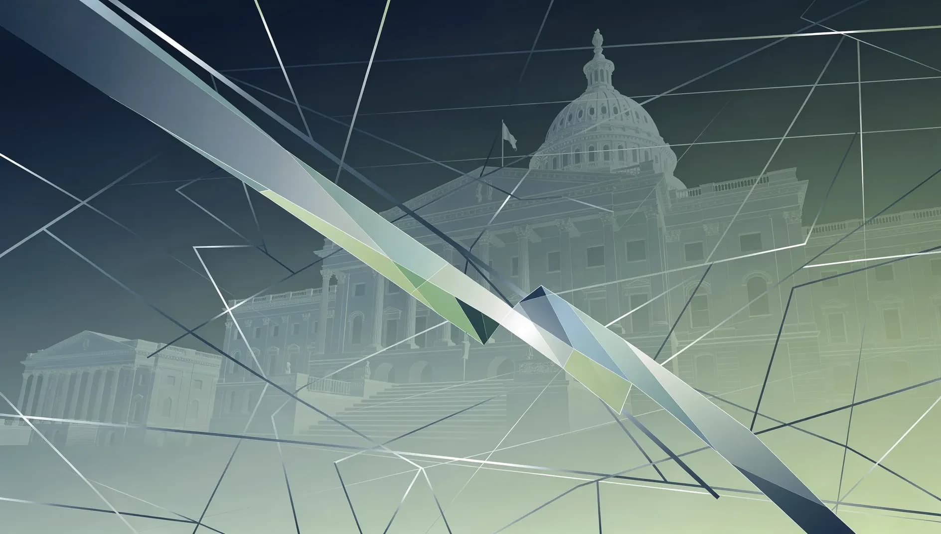 Visualisation abstraite du ralentissement économique américain avec des flux de données descendants sur fond de gradient bleu et vert