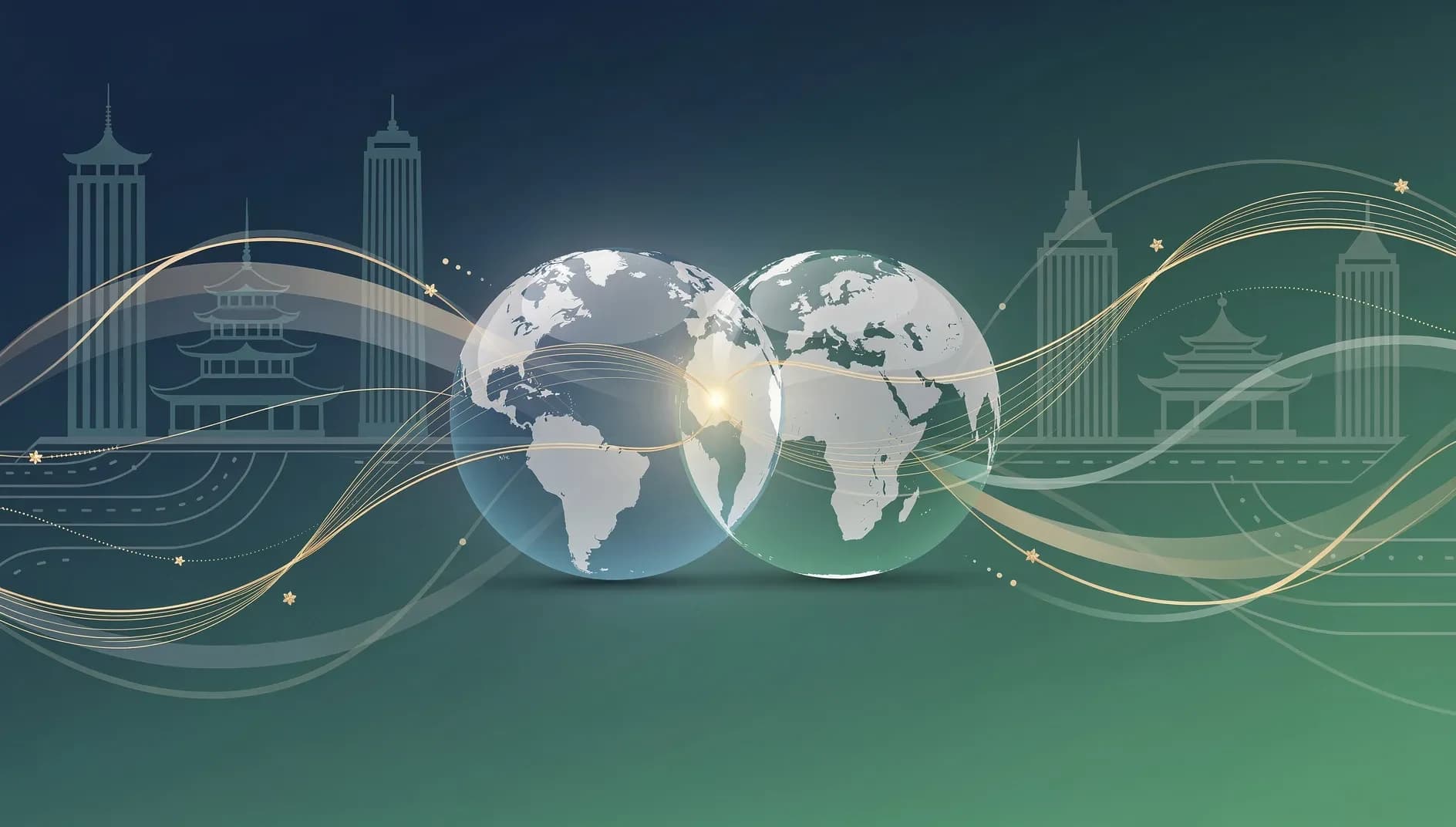 Représentation abstraite des flux commerciaux internationaux et de la diplomatie économique entre grandes puissances mondiales