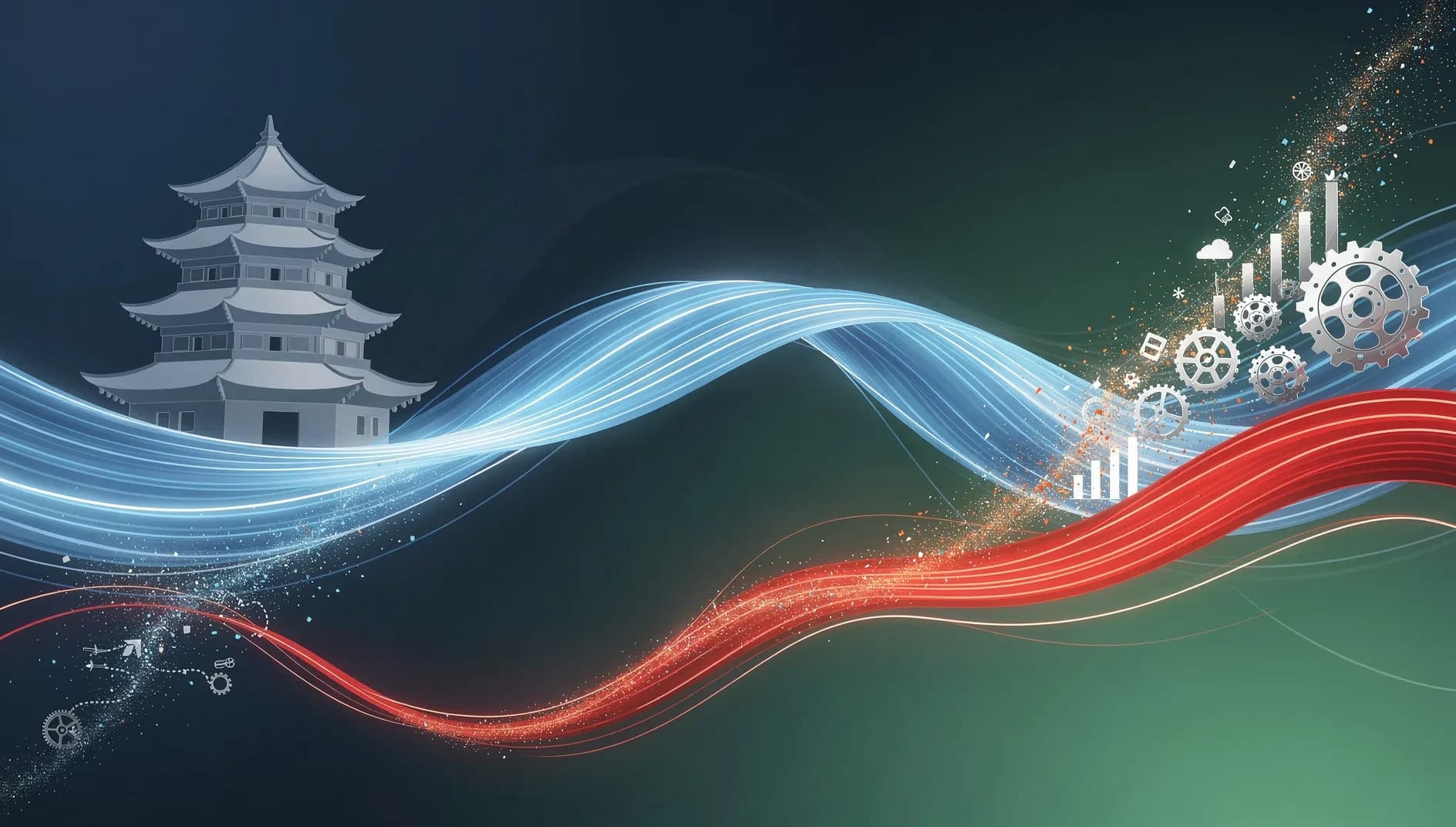 Visualisation abstraite de flux économiques et industriels en Asie, représentant la dynamique de production et de consommation de la deuxième économie mondiale