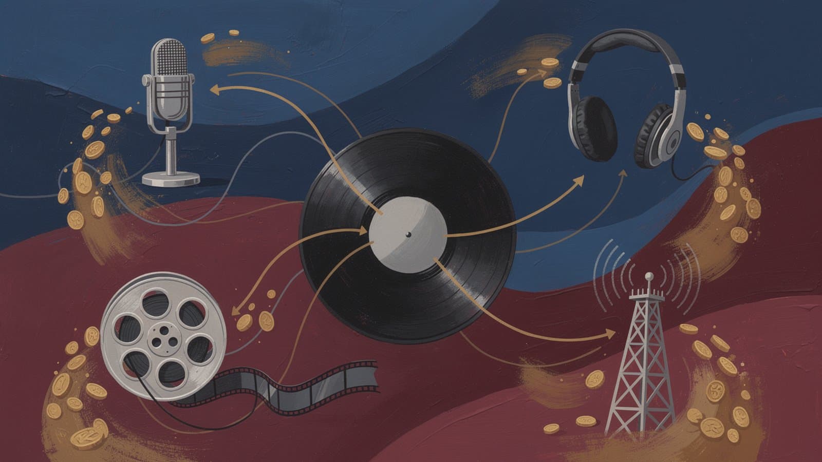 Schéma du fonctionnement des royautés musicales et des flux de revenus entre artistes, éditeurs et investisseurs