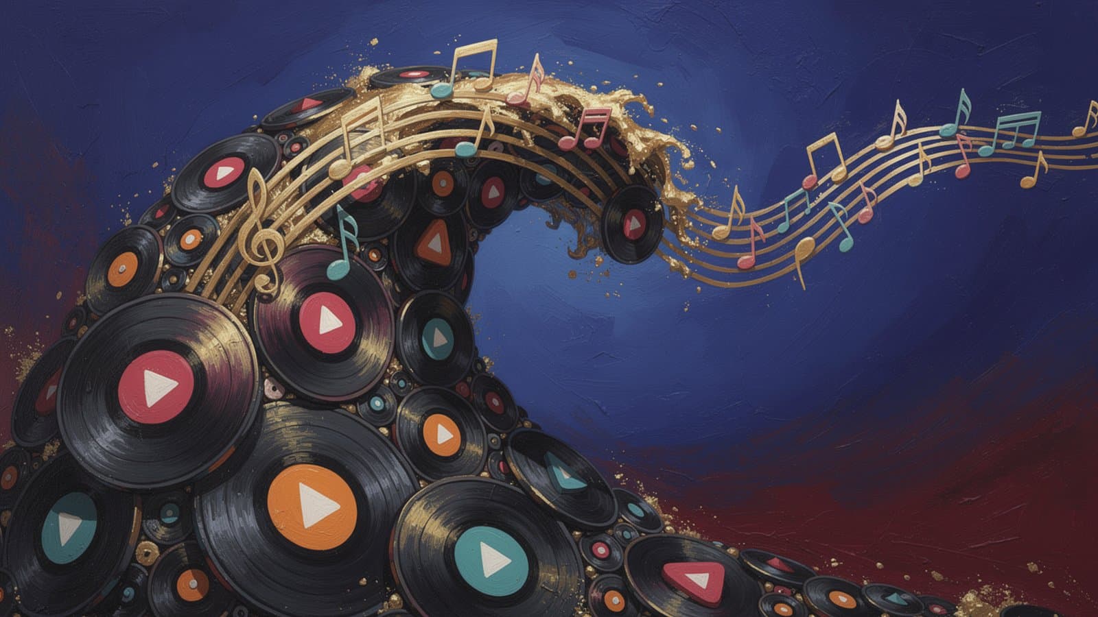 Illustration de la croissance du marché des royautés musicales avec des symboles de streaming et de vinyle