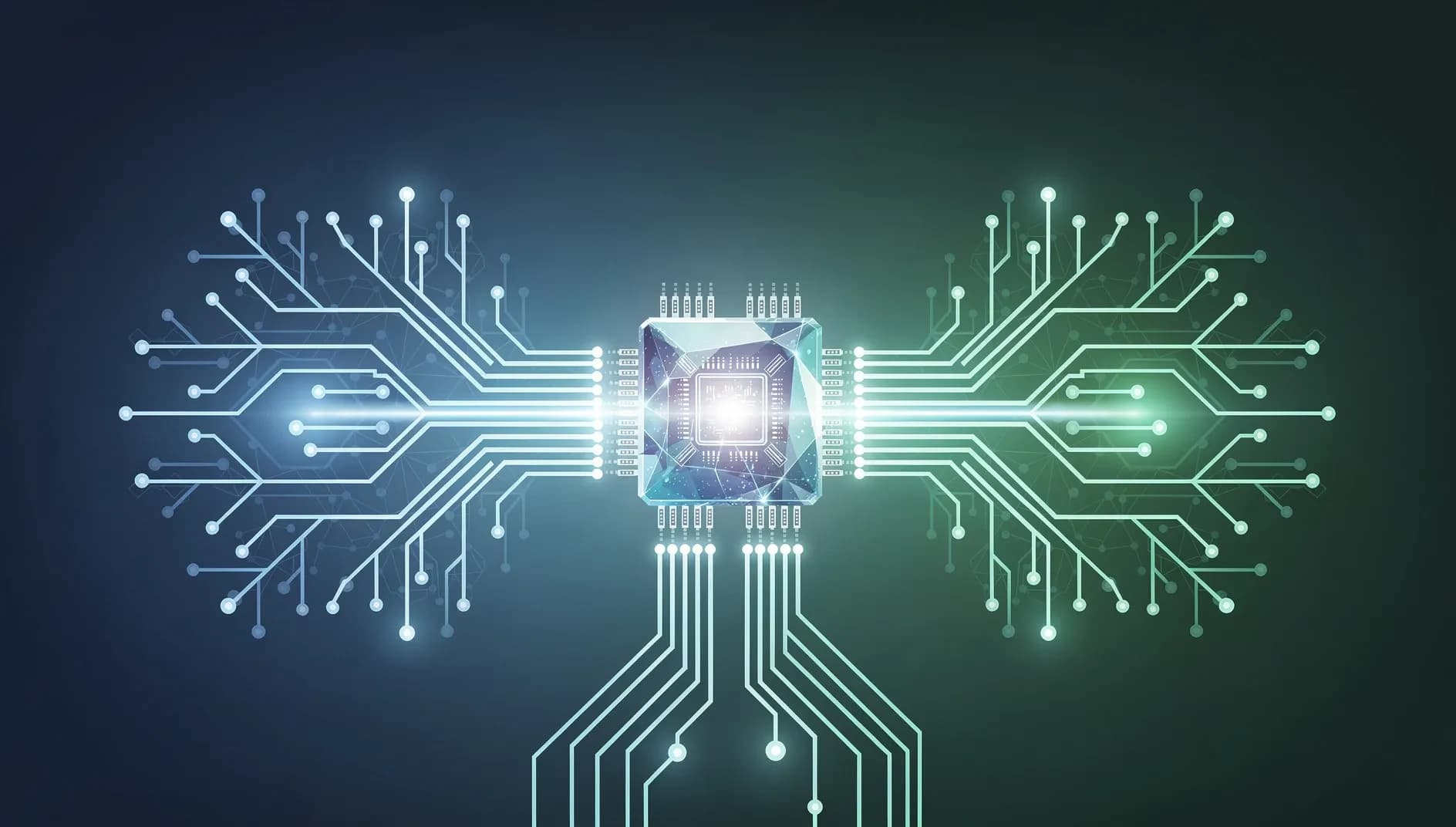 Illustration abstraite de flux de données traversant des circuits en forme de bifurcation, symbolisant la séparation entre entraînement et inférence dans l'infrastructure de l'intelligence artificielle