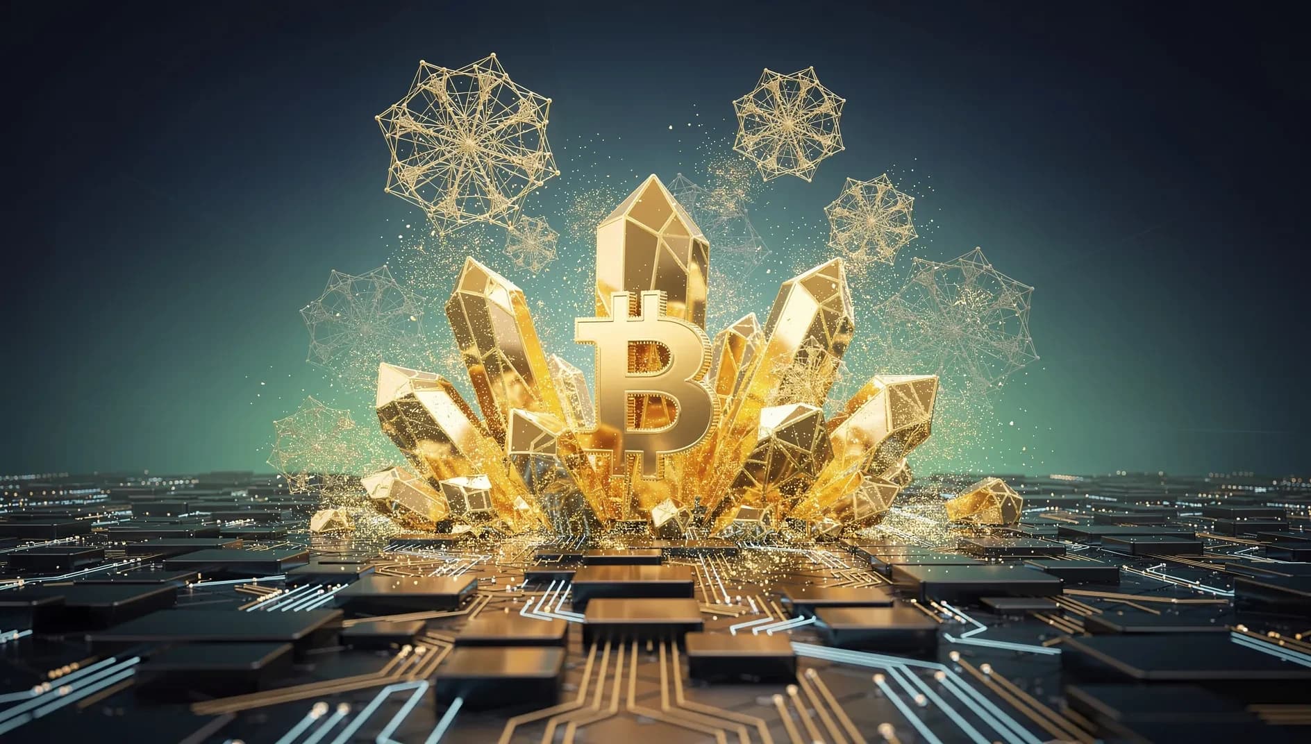 Illustration abstraite représentant la rareté numérique du Bitcoin, avec des structures cristallines dorées sur un fond dégradé bleu profond et vert émeraude