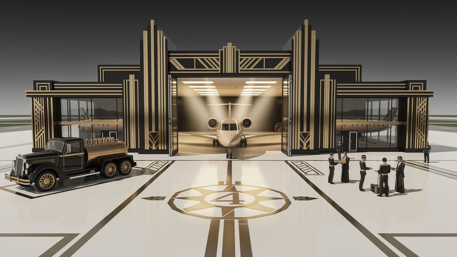 Illustration Art Déco montrant un terminal FBO avec ses différents services aéroportuaires pour l'aviation d'affaires