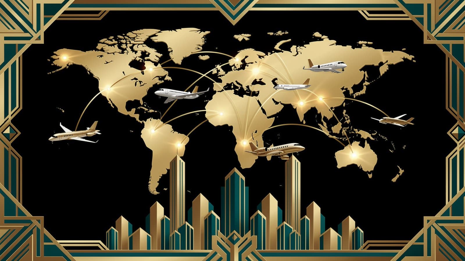 Illustration Art Déco symbolisant la croissance du marché mondial des FBO avec des lignes ascendantes et des motifs aéronautiques