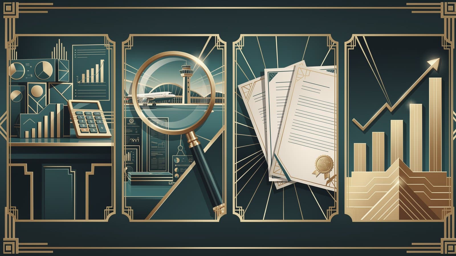 Illustration Art Déco représentant le processus d'investissement FBO en quatre étapes avec France Épargne