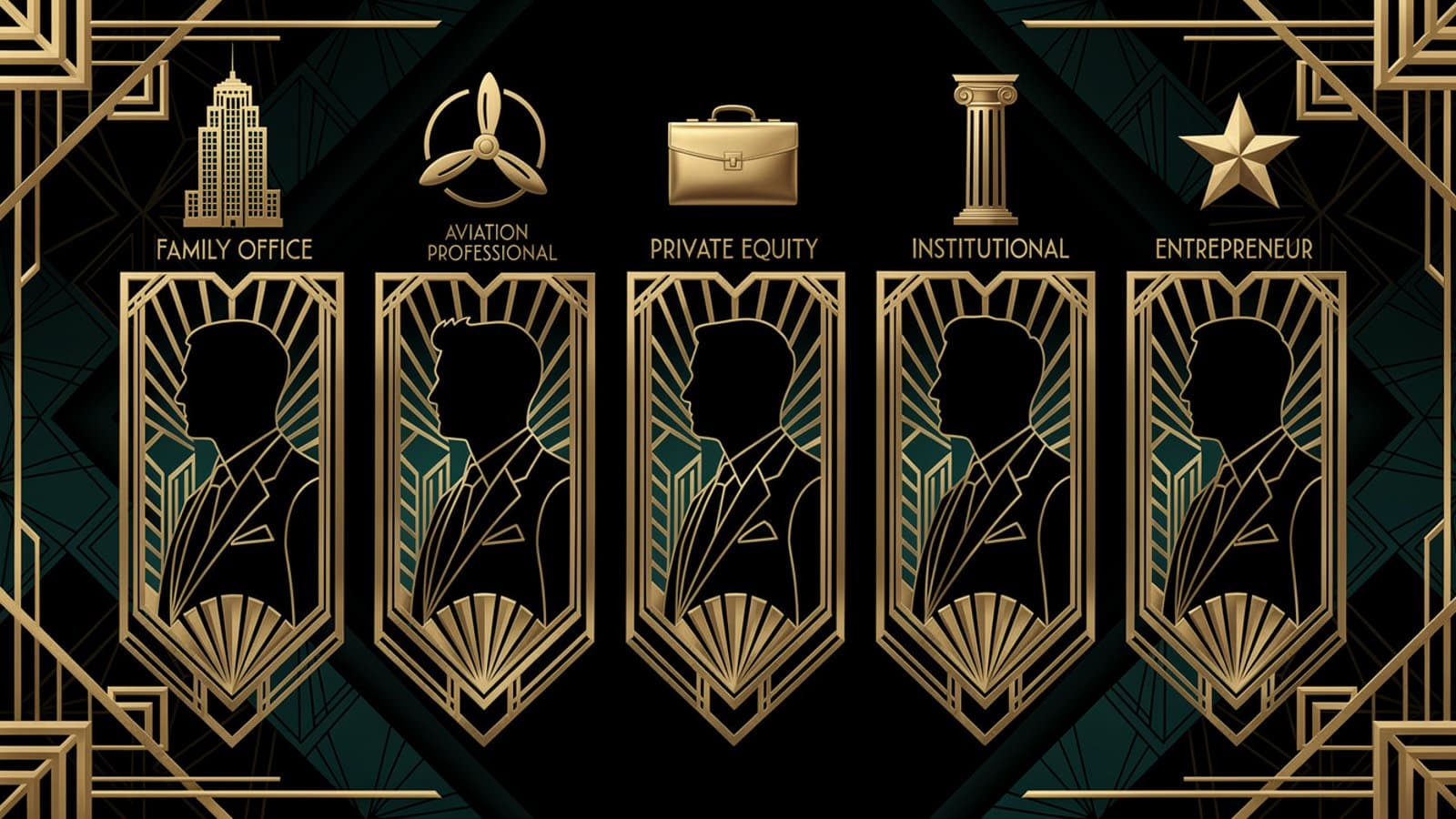 Illustration Art Déco présentant les différents profils d'investisseurs ciblés par l'investissement FBO aviation