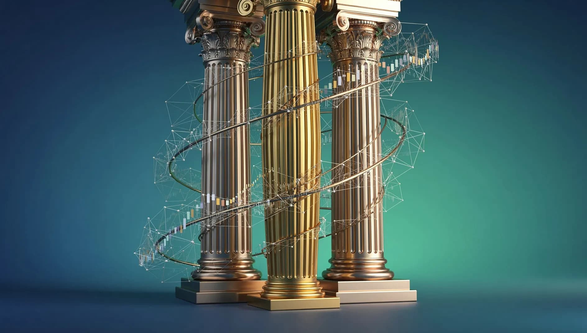 Illustration abstraite de deux structures architecturales institutionnelles convergentes symbolisant la fusion bancaire européenne