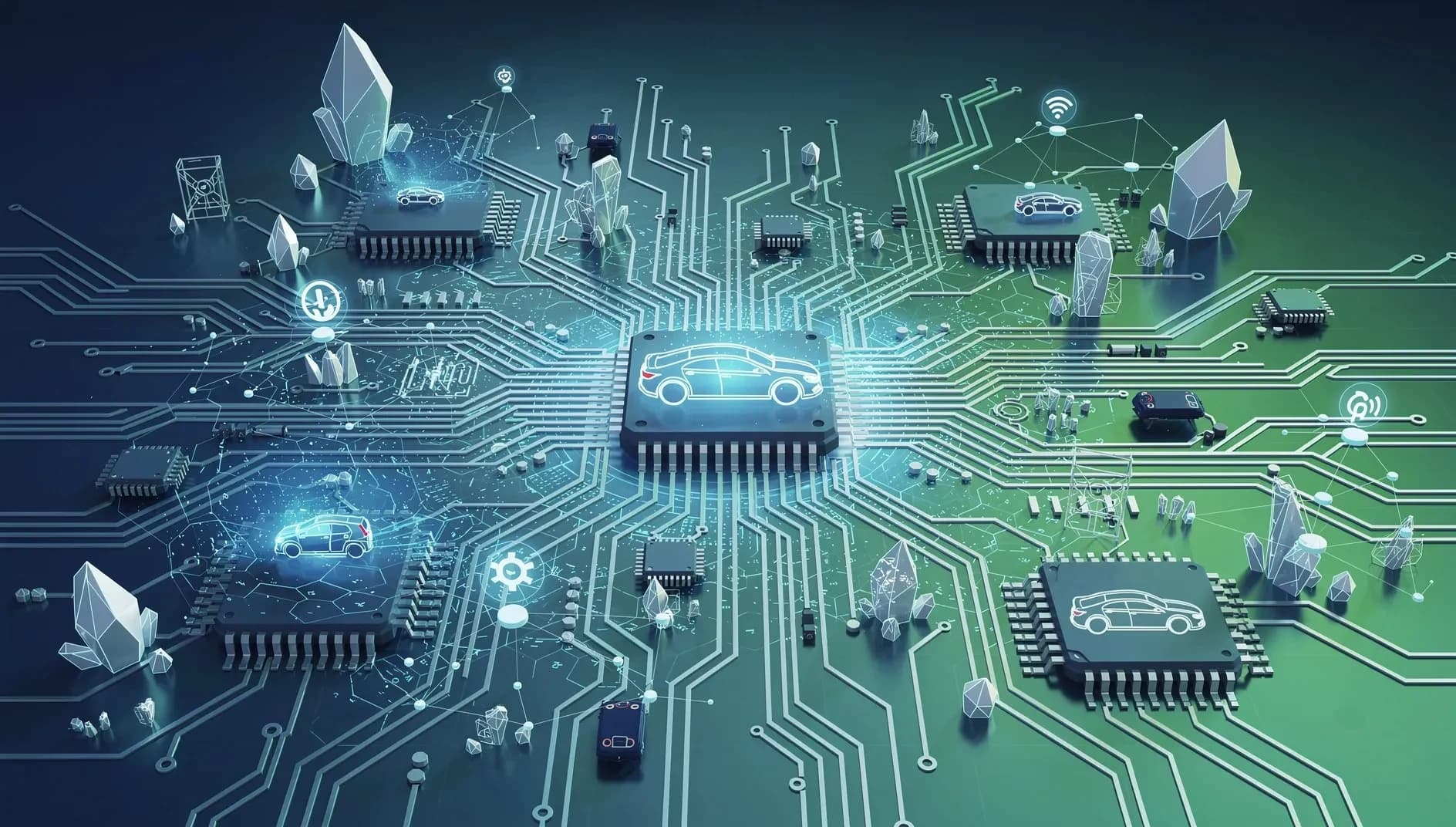 Illustration abstraite de circuits imprimés et de réseaux de semi conducteurs, symbolisant la stratégie de diversification technologique de Qualcomm