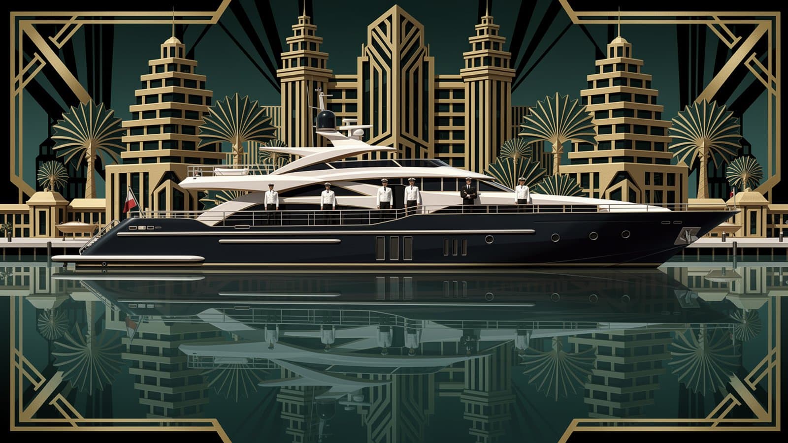Illustration Art Déco d'un superyacht de luxe avec équipage professionnel en Méditerranée