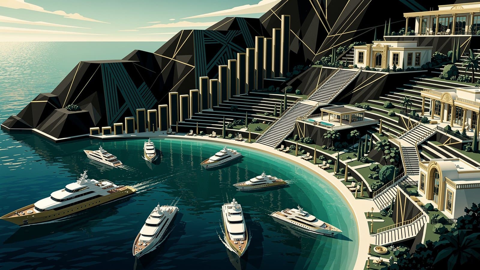 Illustration Art Déco de la Méditerranée avec des superyachts et des ports de prestige