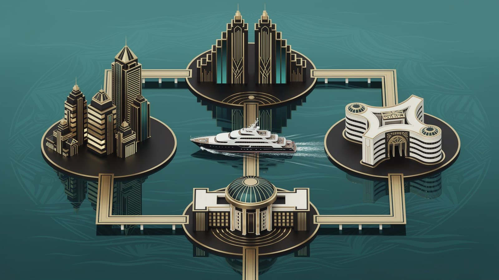 Illustration Art Déco du processus de gestion d'un superyacht en charter avec les étapes clés