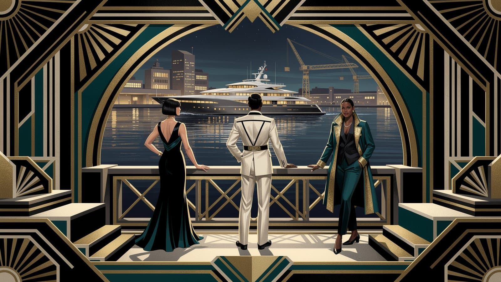 Illustration Art Déco de différents profils d'investisseurs autour d'un superyacht de luxe