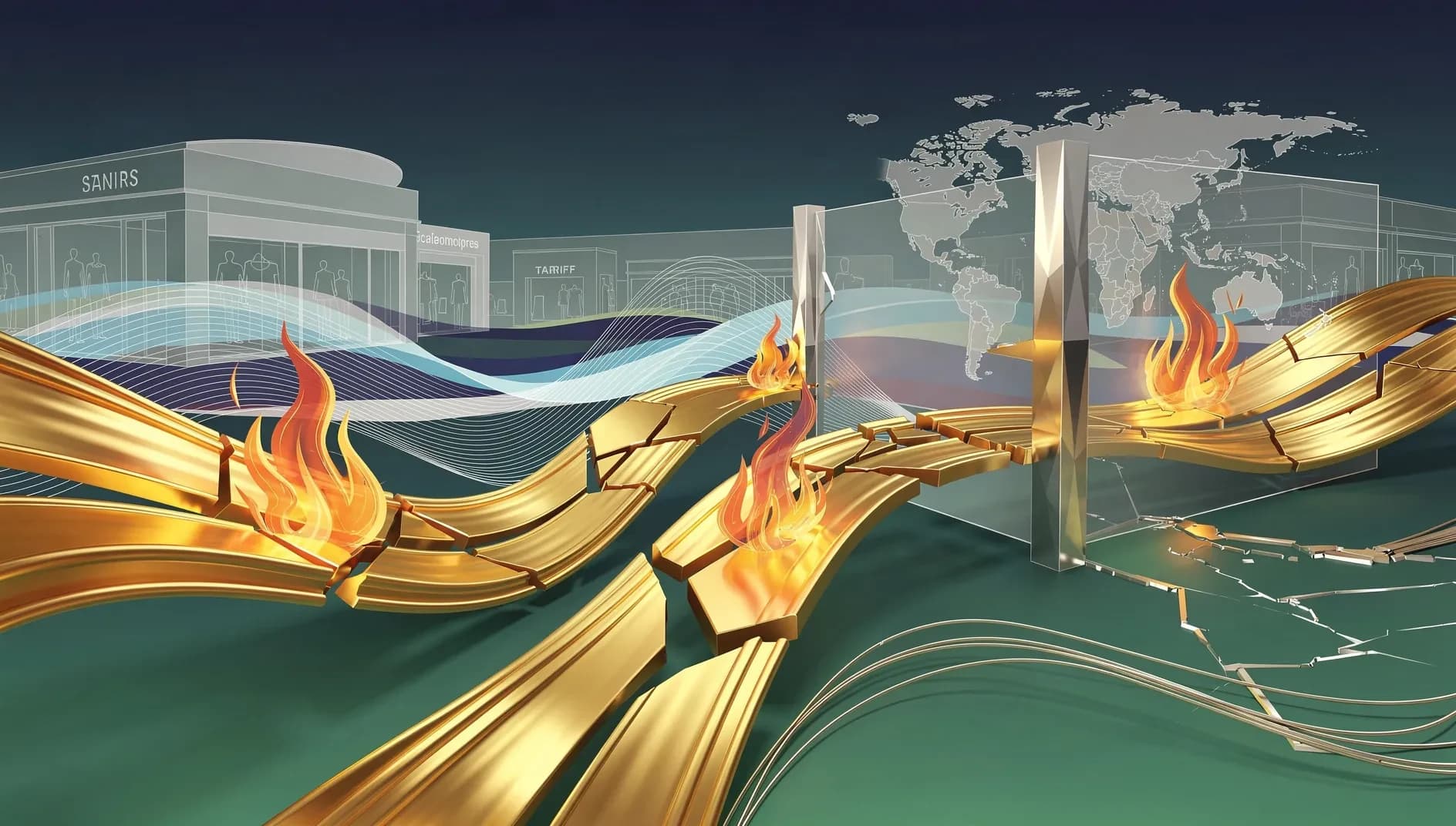 Illustration abstraite de flux commerciaux et de dynamiques de consommation entre résilience et incertitude géopolitique