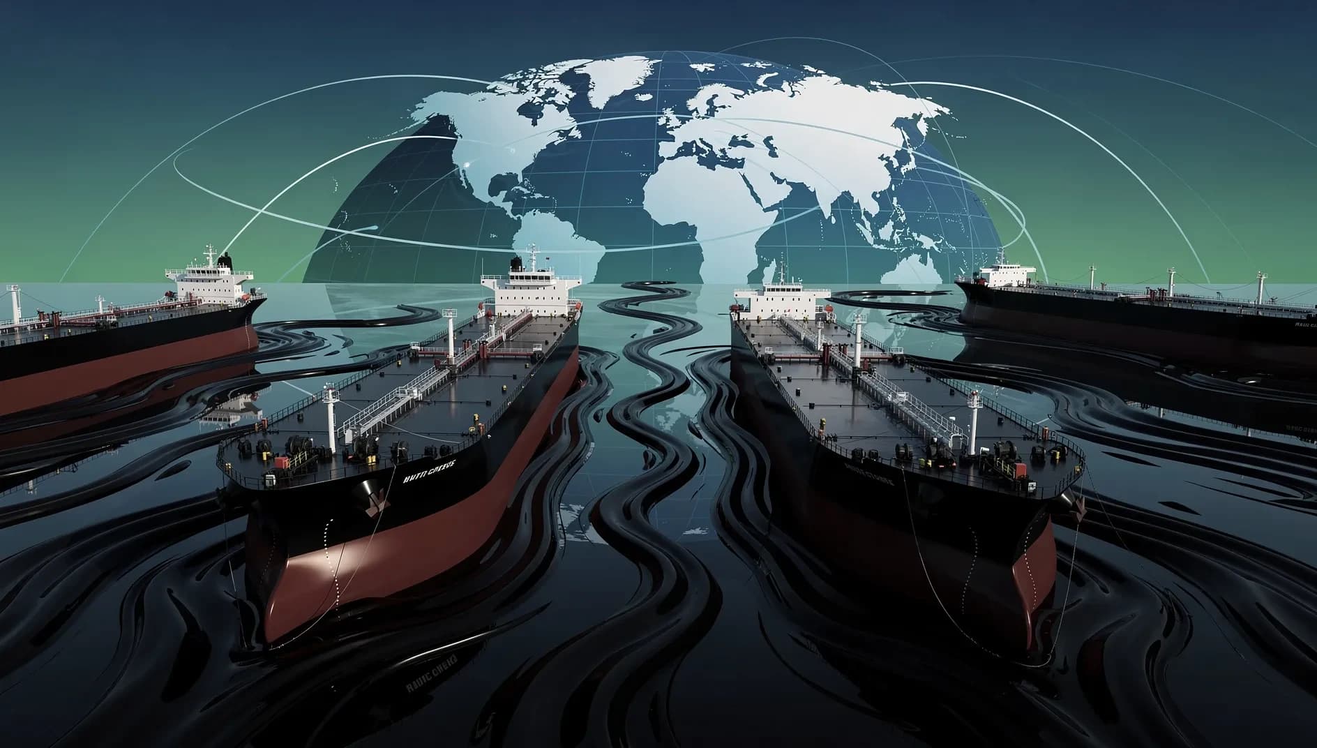 Visualisation abstraite de routes maritimes mondiales traversant un détroit stratégique avec des flux énergétiques et des tensions géopolitiques