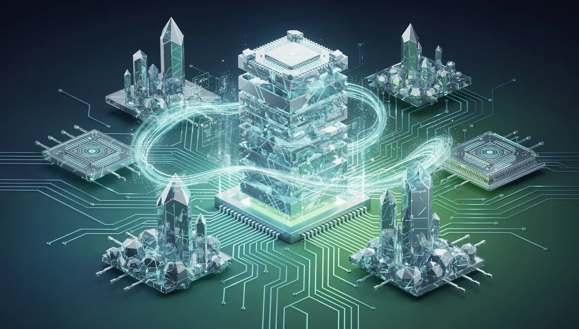 Représentation abstraite de flux de données numériques et de structures cristallines évoquant la mémoire haute performance et l'infrastructure IA