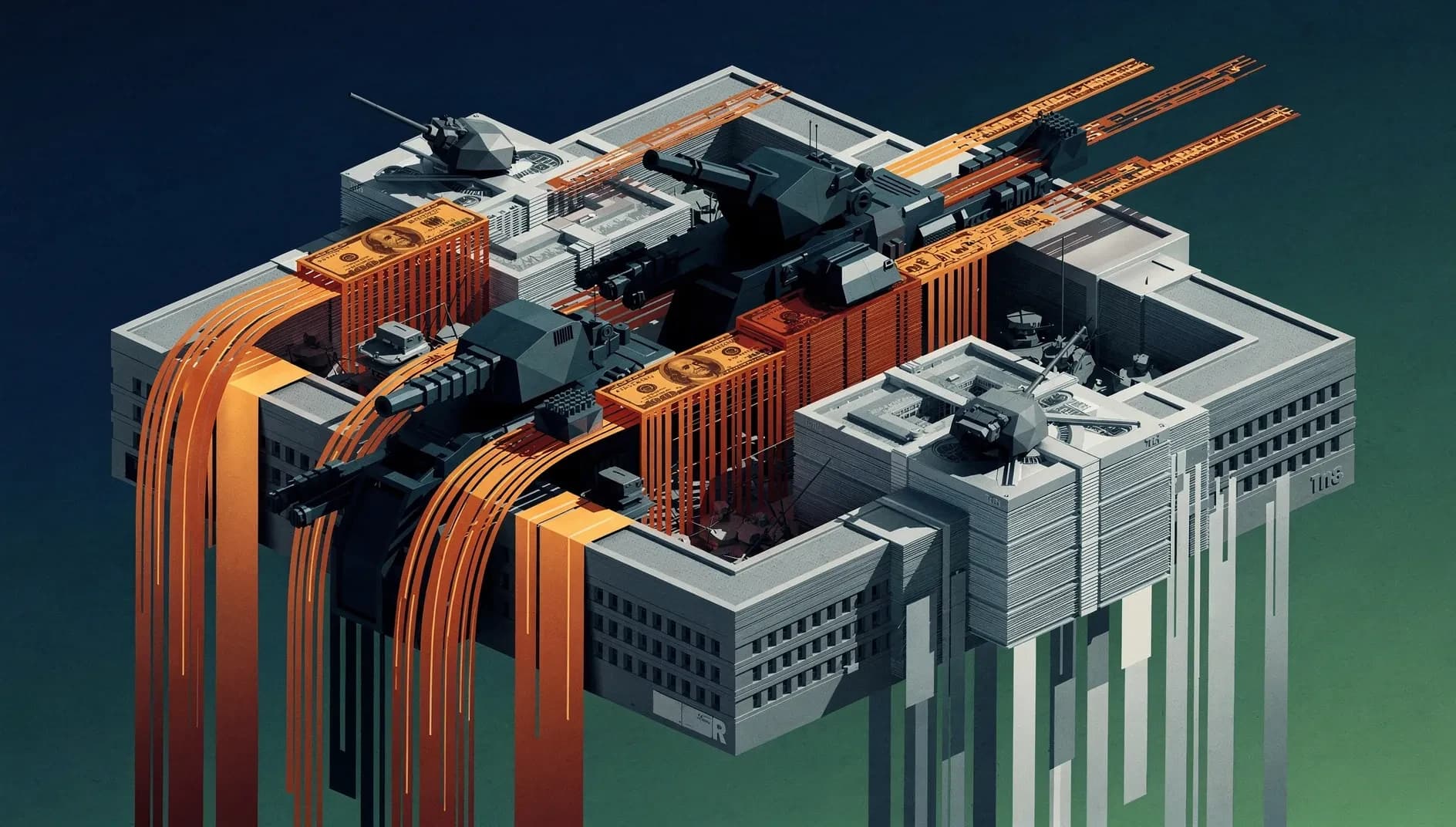 Représentation abstraite de flux financiers militaires et de tensions budgétaires entre dépenses de défense et équilibres économiques mondiaux