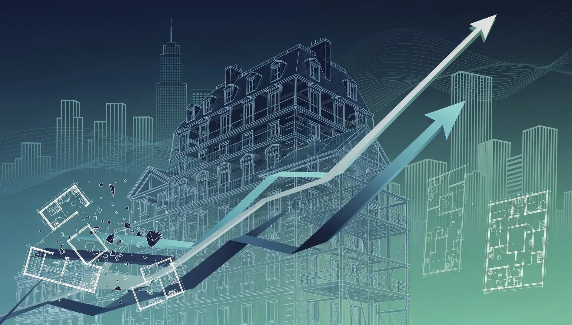 Visualisation abstraite de la hausse des taux de crédit immobilier en France avec des formes architecturales et des courbes ascendantes sur fond bleu et vert