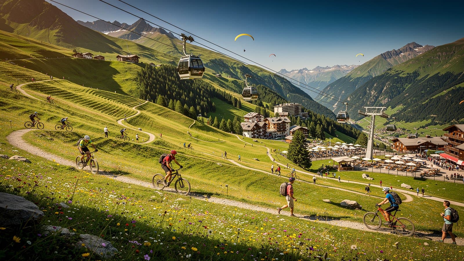 Station de montagne en été avec activités de randonnée et VTT sur les pistes reconverties