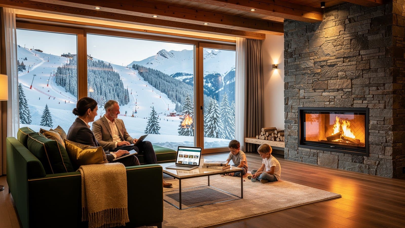 Famille profitant d'un chalet en station de ski, illustrant l'alliance entre investissement et plaisir personnel