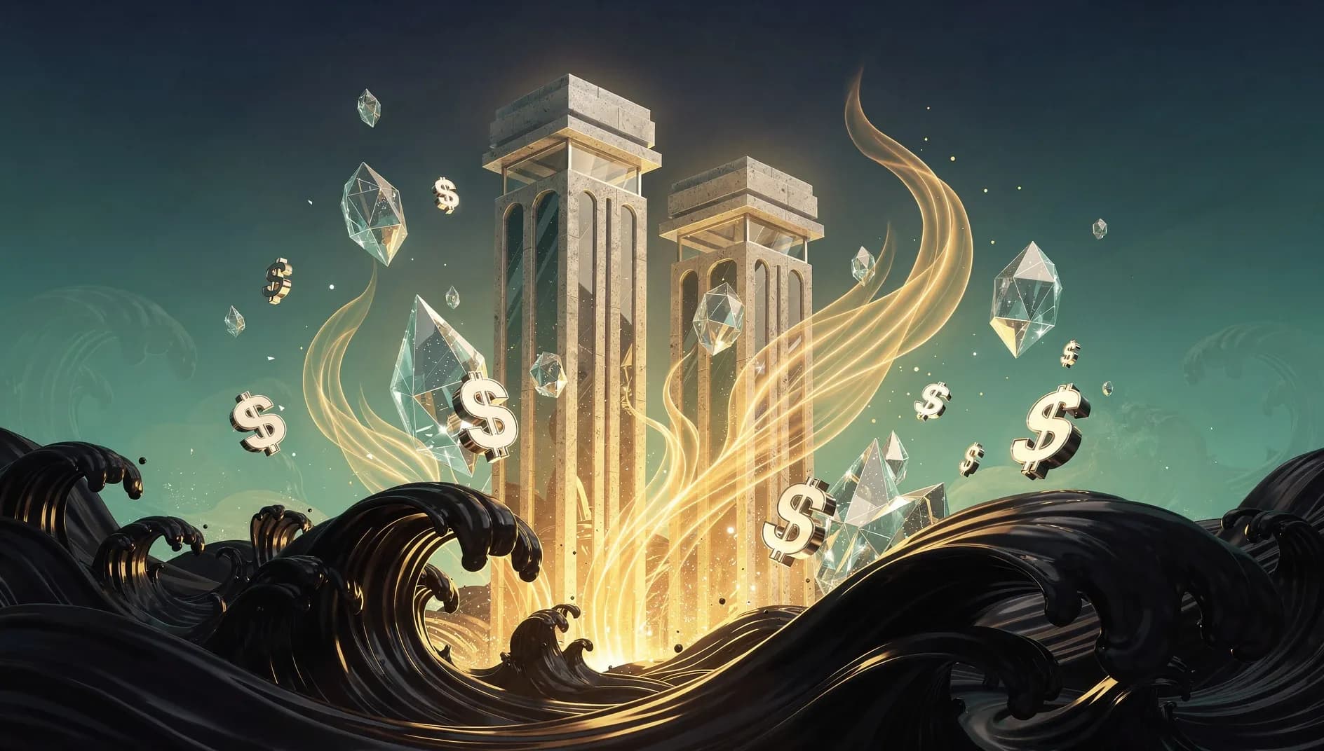 Visualisation abstraite de deux institutions monétaires figées face aux flux tumultueux d'énergie et aux pressions inflationnistes mondiales