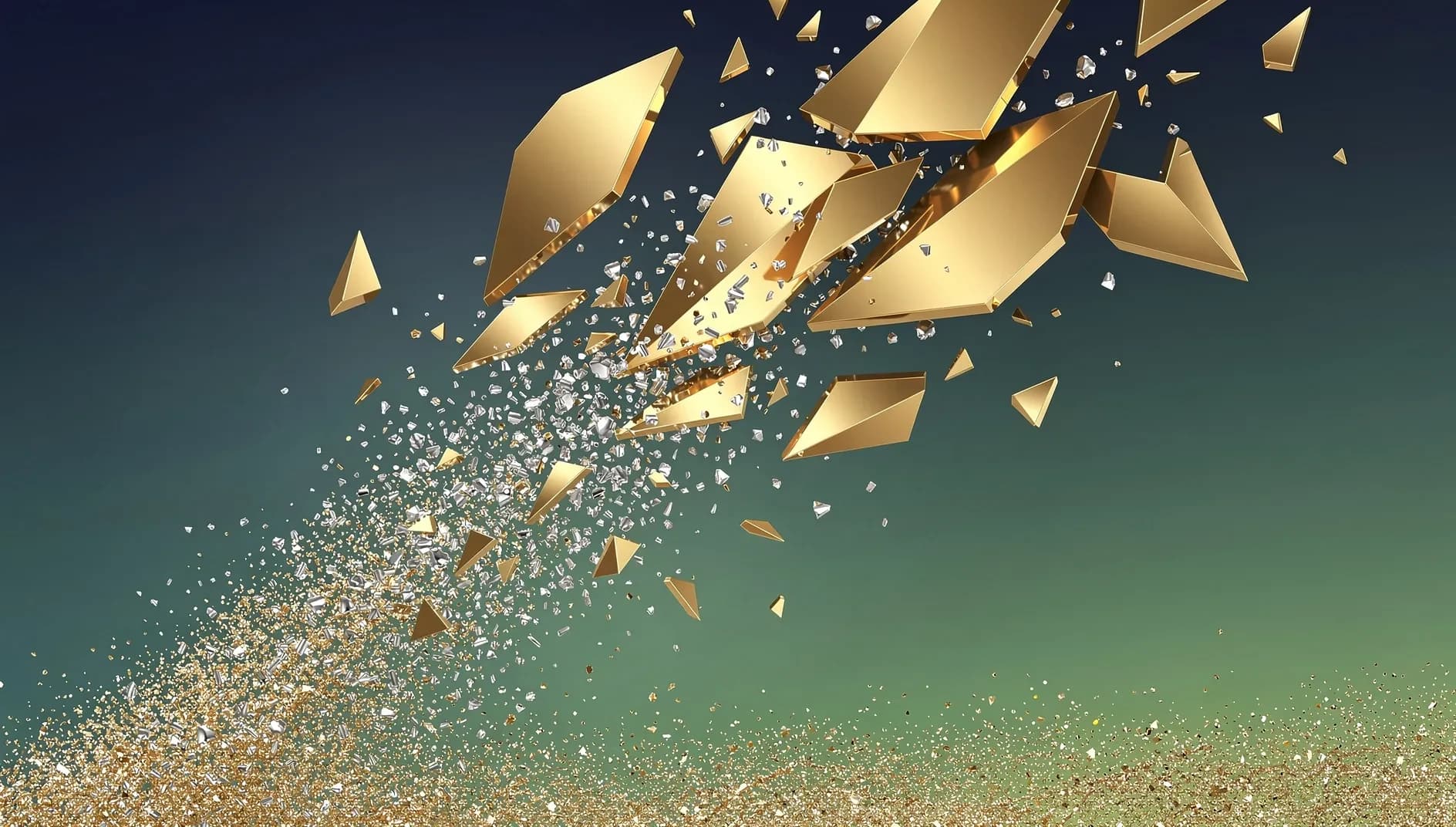 Visualisation abstraite de la chute des cours des métaux précieux avec des éclats dorés et argentés se fragmentant sur un fond bleu et vert profond