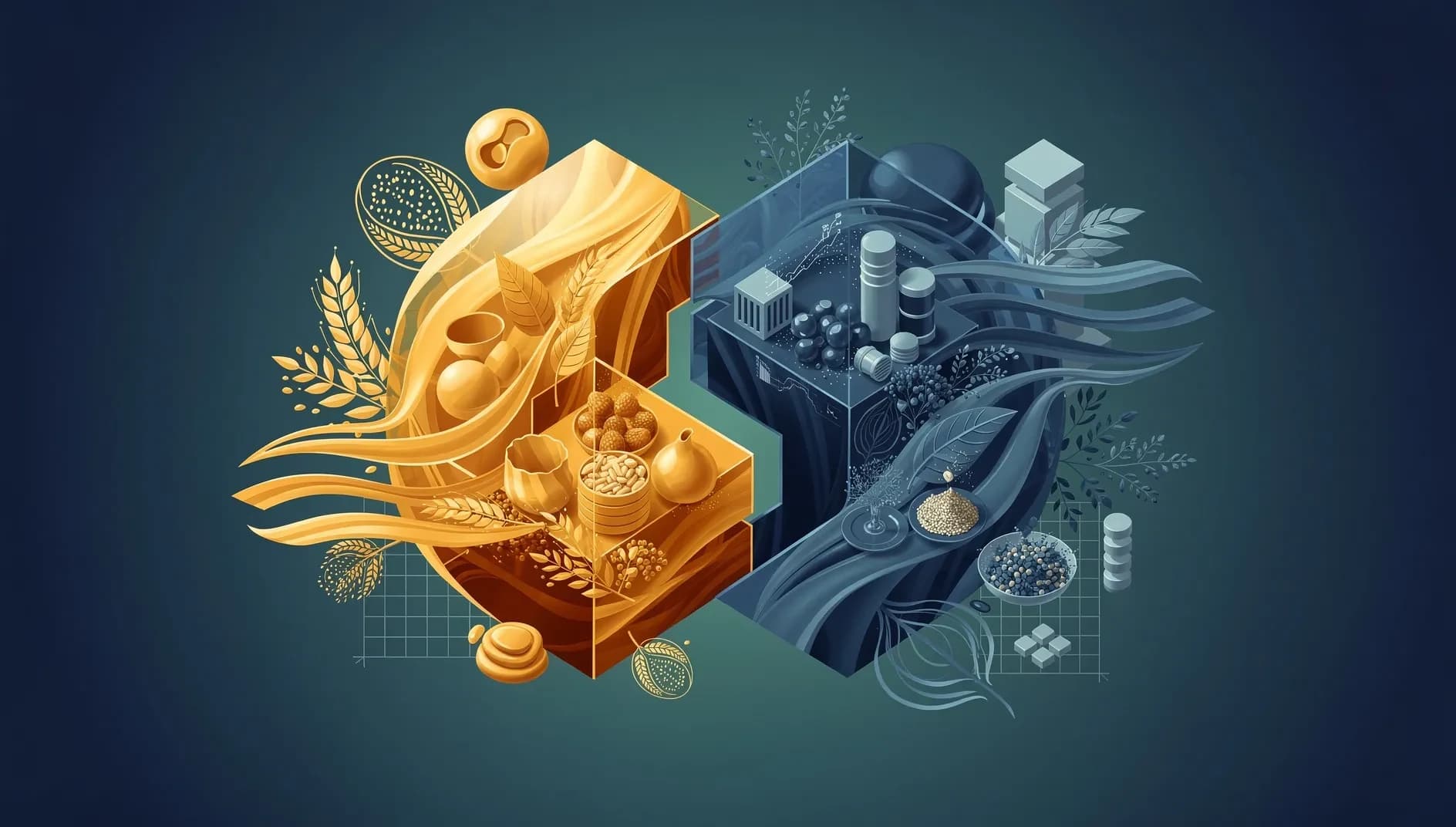 Illustration abstraite représentant la recomposition stratégique d'un conglomérat mondial, avec des formes géométriques symbolisant la séparation et la fusion d'entités industrielles